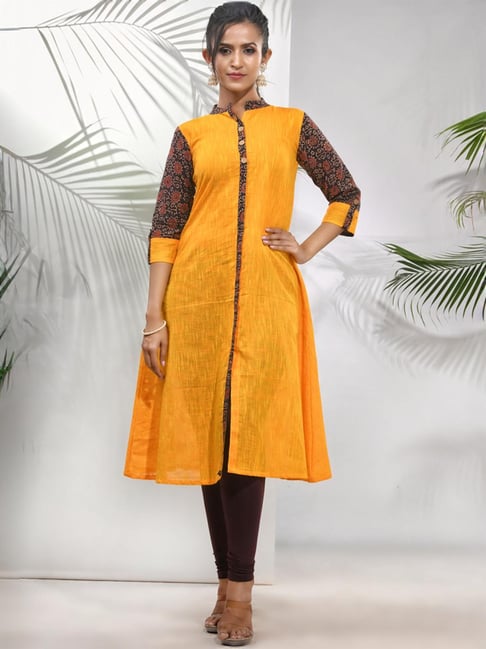 CHARUKRITI Yellow Cotton Woven Pattern A Line Kurta-picture-27