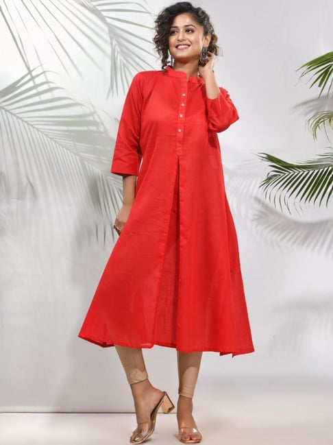 CHARUKRITI Red Cotton Woven Pattern A Line Kurta-picture-22