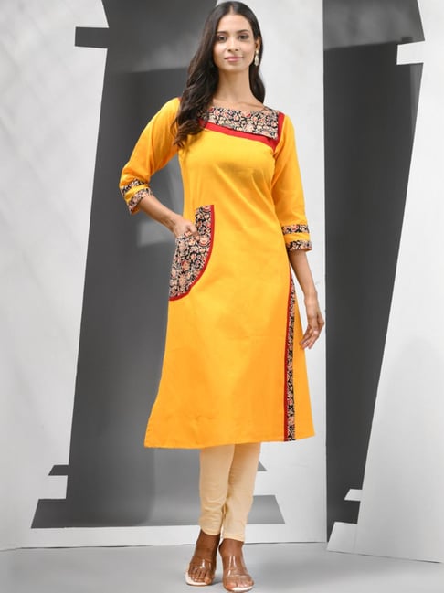CHARUKRITI Yellow Cotton Printed A Line Kurta-picture-23
