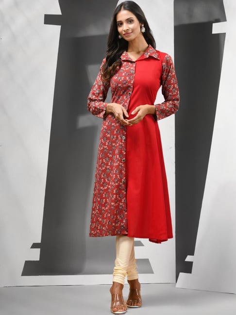 CHARUKRITI Red Cotton Printed A Line Kurta-picture-21