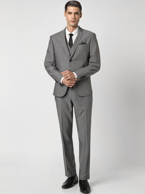 Van Heusen Grey Slim Fit Printed Three Piece Suit
