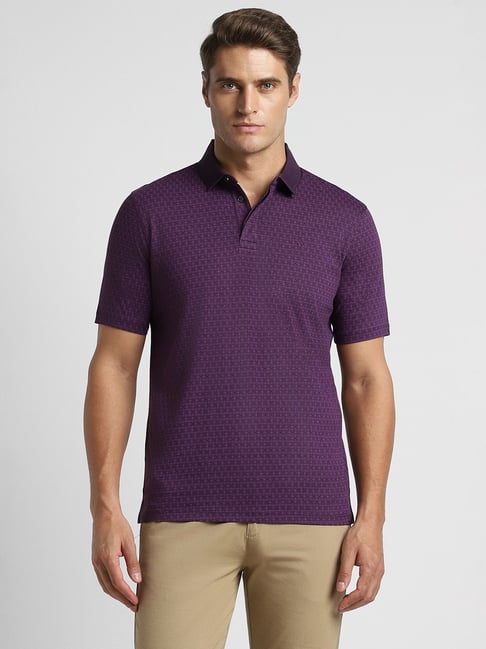 Peter England Purple Cotton Regular Fit Printed Polo T-Shirt