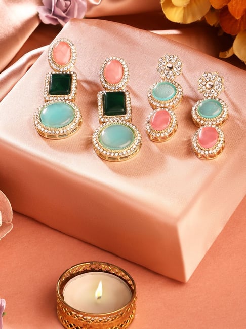 Zaveri Pearls Set of 2 Multicolor Stones & Austrian Diamonds Embellished Drop Earrings-ZPFK17987-picture-19