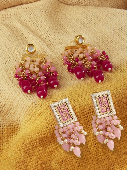 zaveri pearls set of 2 pink clustered beads traditional drop earrings-zpfk17989