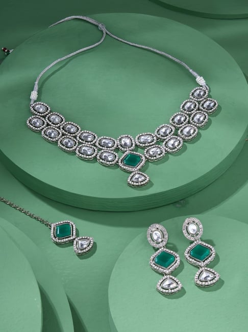 Zaveri Pearls Green Austrian Diamonds Silver Plated Choker Necklace Earring Maangtikka Set-ZPFK17795-picture-13