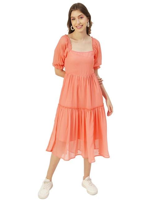 Moomaya Peach Regular Fit Midi Dress
