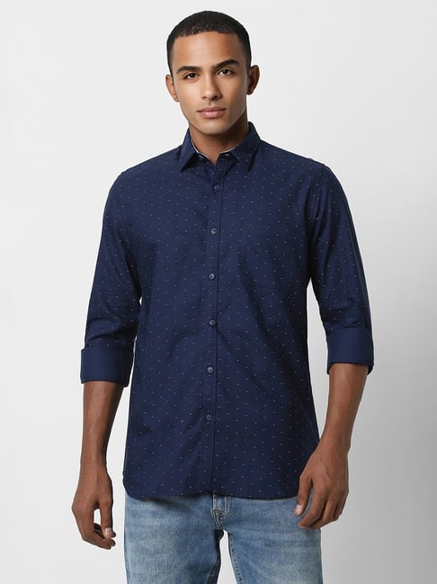Buy Peter England Navy Cotton Regular Fit Printed Shirt for Mens