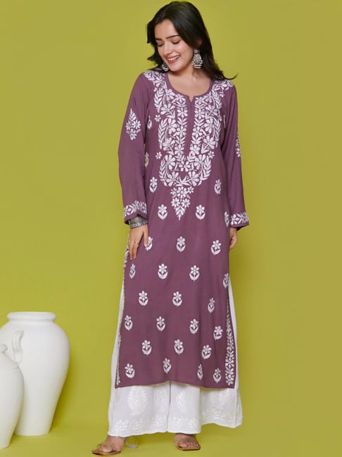 House of Chikankari Purple Embroidered Straight Kurta-image-46