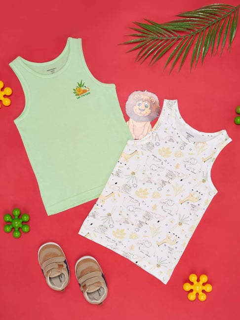Pantaloons Junior Green & White Cotton Printed Vest (Pack of 2)