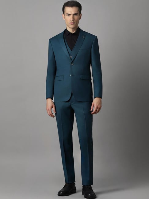 Louis Philippe Navy Slim Fit Checks Three Piece Suit