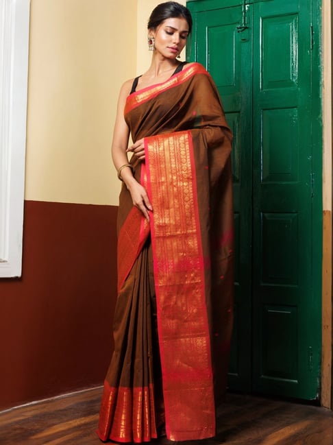 Unnati Silks Brown Cotton Woven Saree With Unstitched Blouse-picture-23