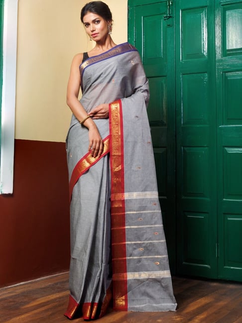 Unnati Silks Grey Cotton Woven Saree With Unstitched Blouse-picture-11