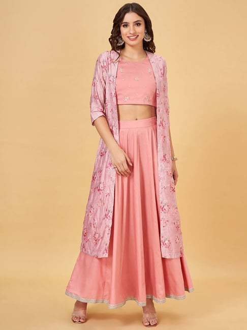 Rangmanch by Pantaloons Pink Embroidered Crop Top Skirt Set With Shrug
