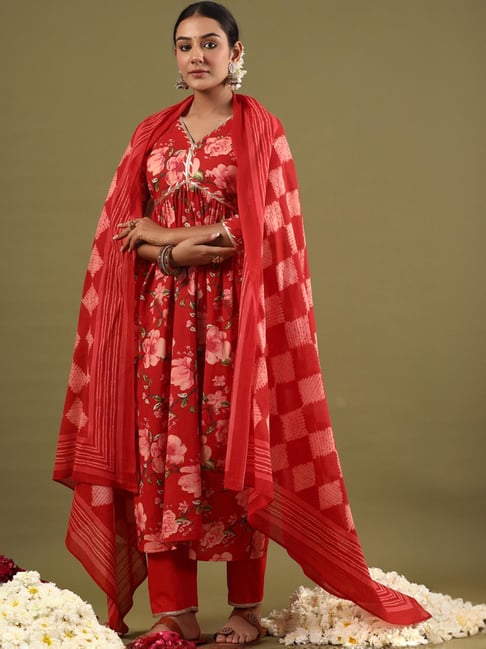 Indo Era Red Cotton Floral Print Kurta Pant Set With Dupatta