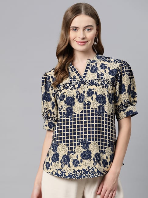 Cottinfab Navy & Beige Floral Print Top