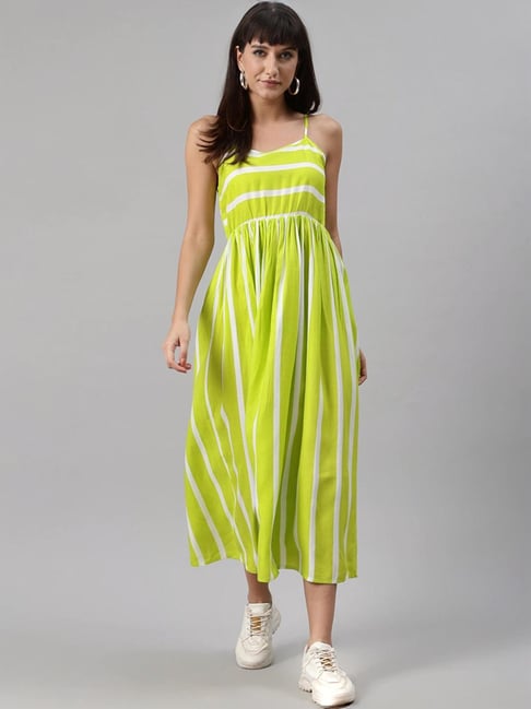 Meeranshi Neon Green Striped Maxi Dress