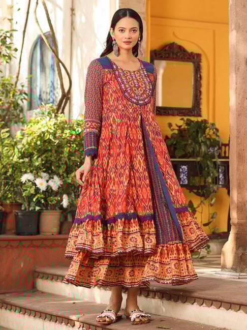 Juniper Rust Cotton Ikat Print Layered Maxi Dress With Thread