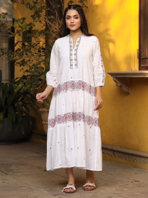 Juniper White Pure Cotton Teired Maxi Dress With Multi-Colored Embroidery  Work - Main Image