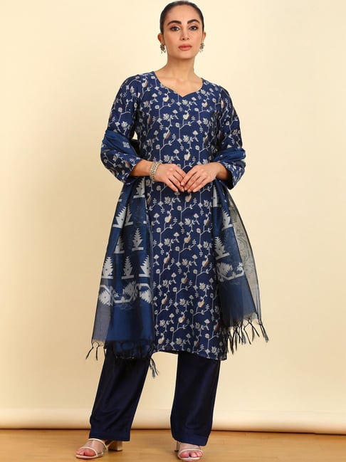 material design dress Soch Womens Navy Blue Chanderi Woven Design Unstitched Dress Material