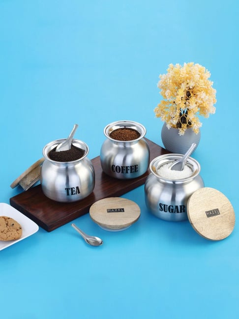 HAZEL Silver Stainless Steel Tea coffee sugar containers Set of