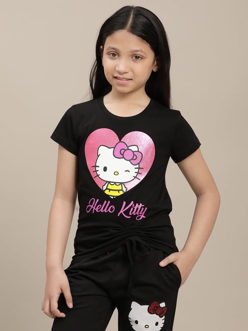 Kidsville Hello Kitty Black Printed Regular Fit T-Shirt For Girls