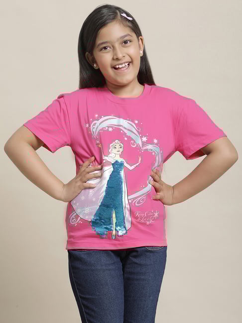 Kidsville Frozen Pink Printed Regular Fit T-Shirt For Girls-image-5