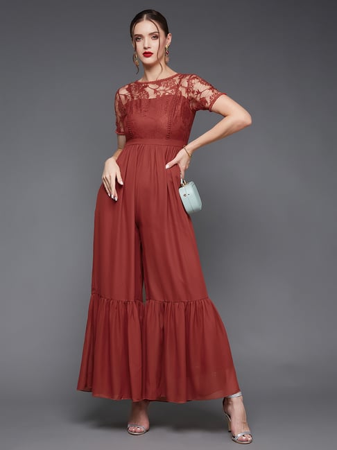 Miss Chase Red Georgette Lace Jumpsuit