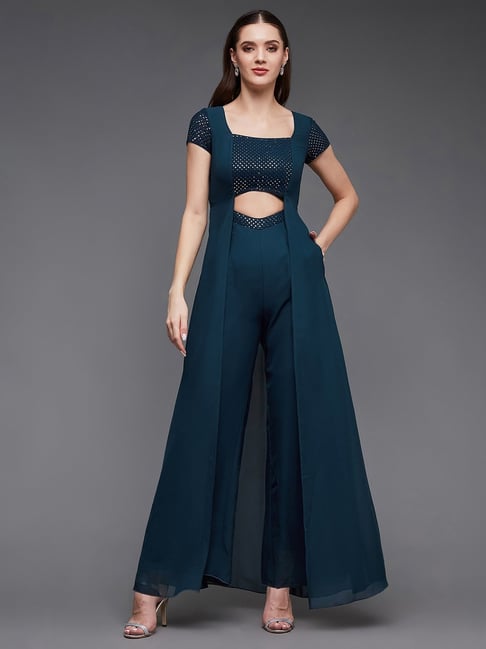 Miss Chase Teal Georgette Embellished Jumpsuit