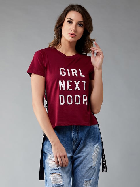 Miss Chase Maroon Graphic Print Crop T-Shirt