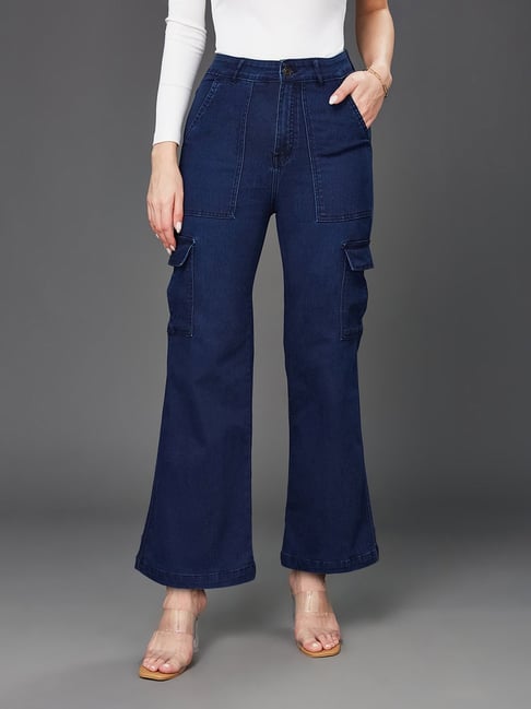 Miss Chase Dark Blue Denim Relaxed Fit High Rise Cargo Jeans