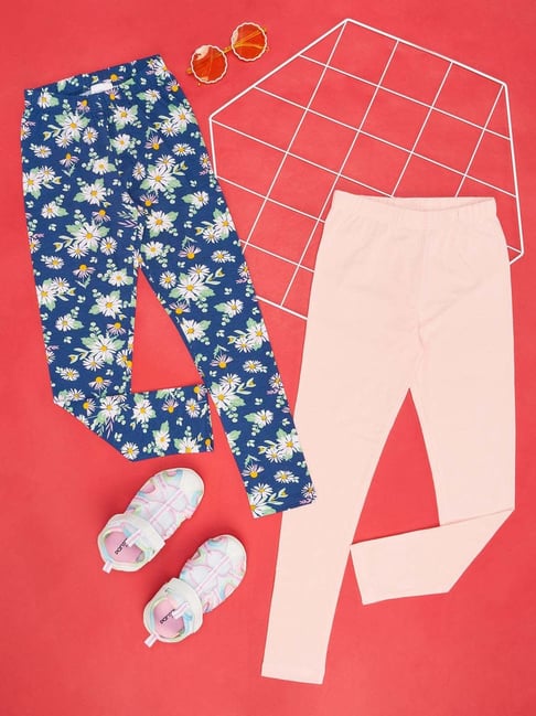 YU by Pantaloons Girls Navy & Pink Cotton Floral Print Leggings (Pack of 2)-picture-12