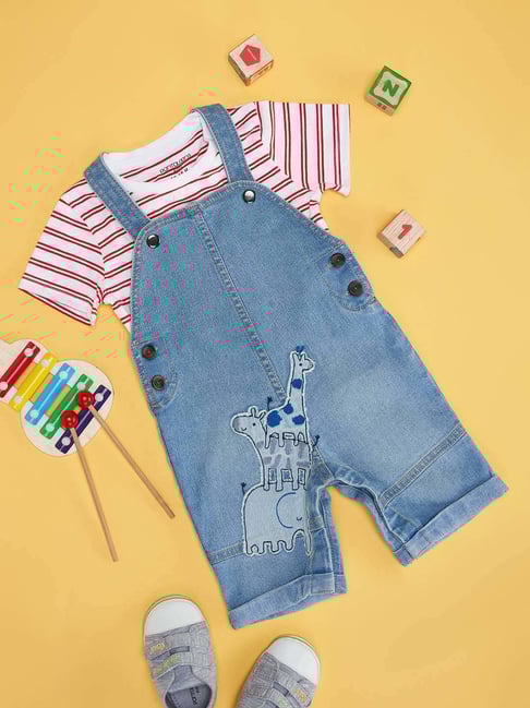 Pantaloons Baby Blue & White Cotton Striped Dungaree Set-picture-10
