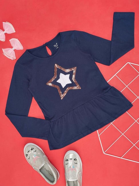 YU by Pantaloons Kids Navy Embellished Full Sleeves Top