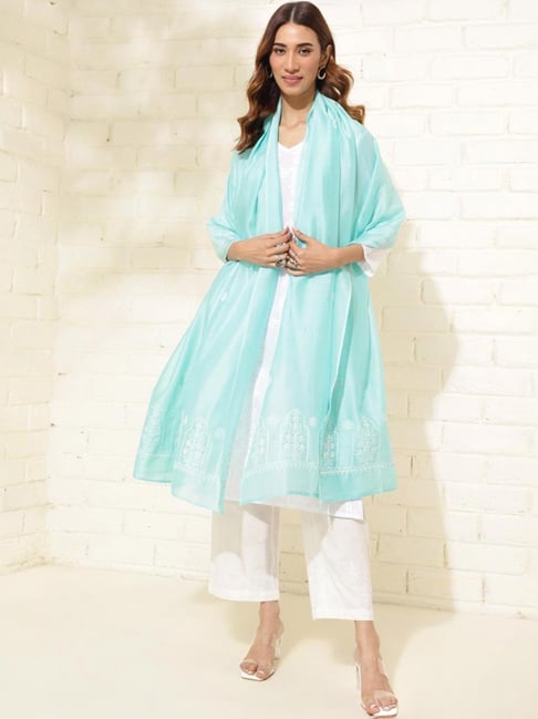 Fabindia Aqua Blue Embroidered Dupatta-picture-32