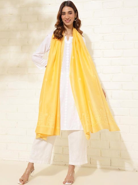 Fabindia Lemon Yellow Embroidered Dupatta-picture-20