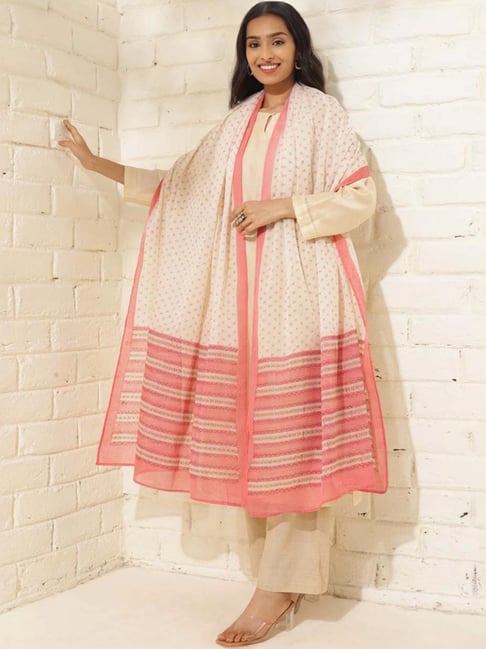 Fabindia White & Pink Cotton Printed Dupatta-picture-15