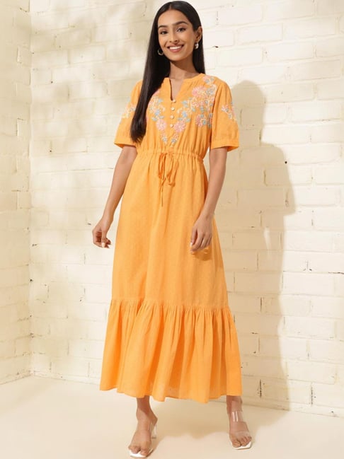 Buy Fabindia Yellow Cotton Embroidered Maxi Dress for Women Online