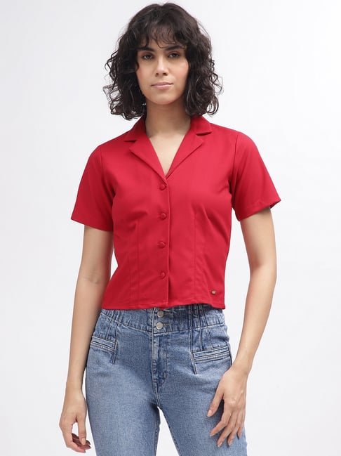 Buy Elle Red Cotton Regular Fit Crop Shirt for Women Online Tata