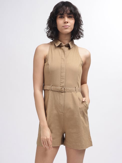 Elle Beige Cotton Mini Playsuit - Main Image