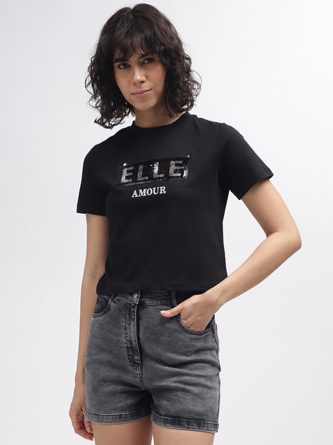 Elle Black Cotton Embellished Crop T-Shirt-picture-40