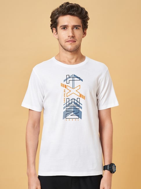 Ajile by Pantaloons Bright White Cotton Slim Fit Printed Sports T-Shirt