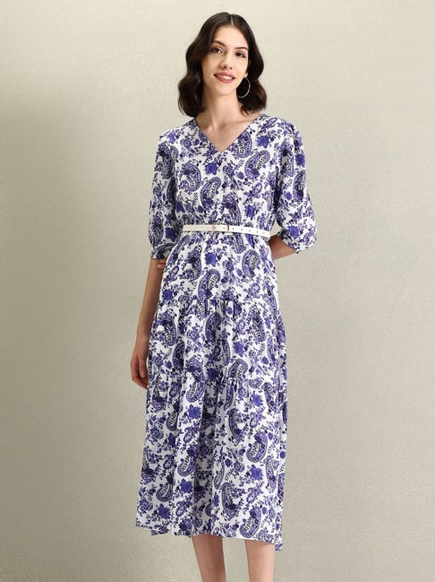 Polo Blue Cotton Floral Print Midi Dress