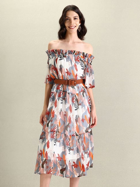 Buy Polo White Grey Printed Midi Dress for Women