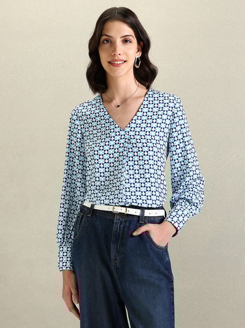 Buy Polo Blue White Printed Top for Women Online