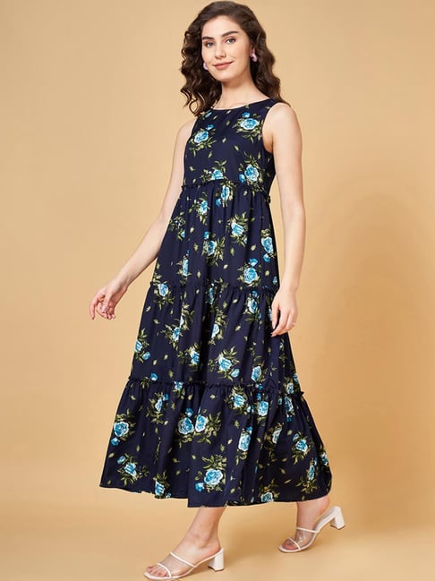 YU by Pantaloons Navy Floral Print Maxi Dress