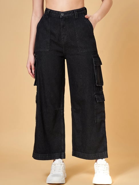 YU by Pantaloons Black Cotton Mid Rise Flared Jeans