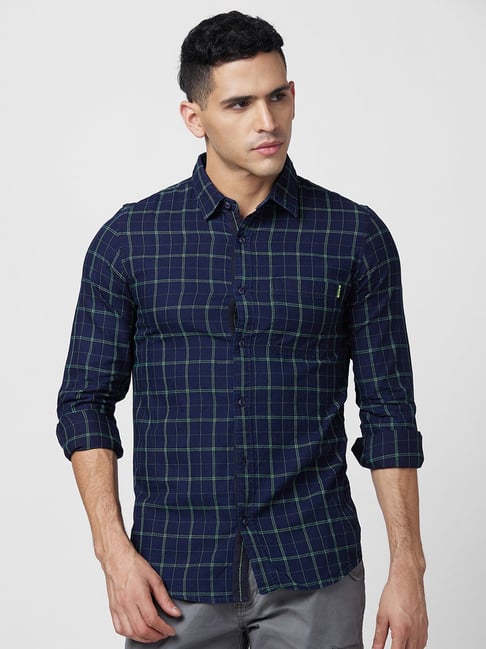 Spykar Green Navy Slim Fit Check Shirt
