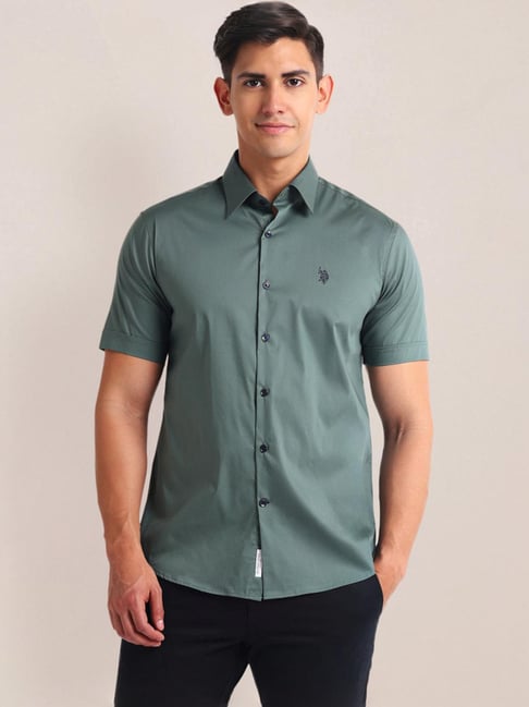 Polo Green Cotton Regular Fit Shirt