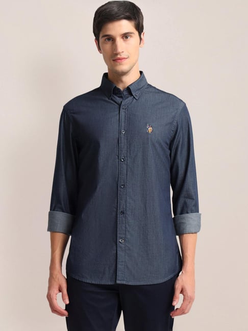 Classic Fit Polo Denim Shirt Mens Polo Blue Cotton Regular Fit Denim Shirt