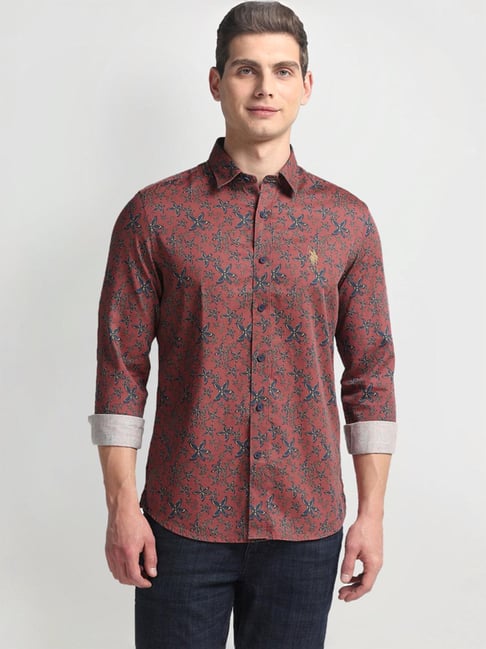Polo Red Cotton Slim Fit Floral Print Shirt